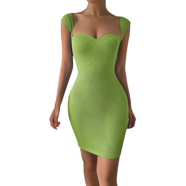 Gibobby Vestidos cortos de mujer Vestido midi de satén de verano para mujer, manga casquillo, cintura con , elegante línea A, vestidos fluidos(Verde,CH)