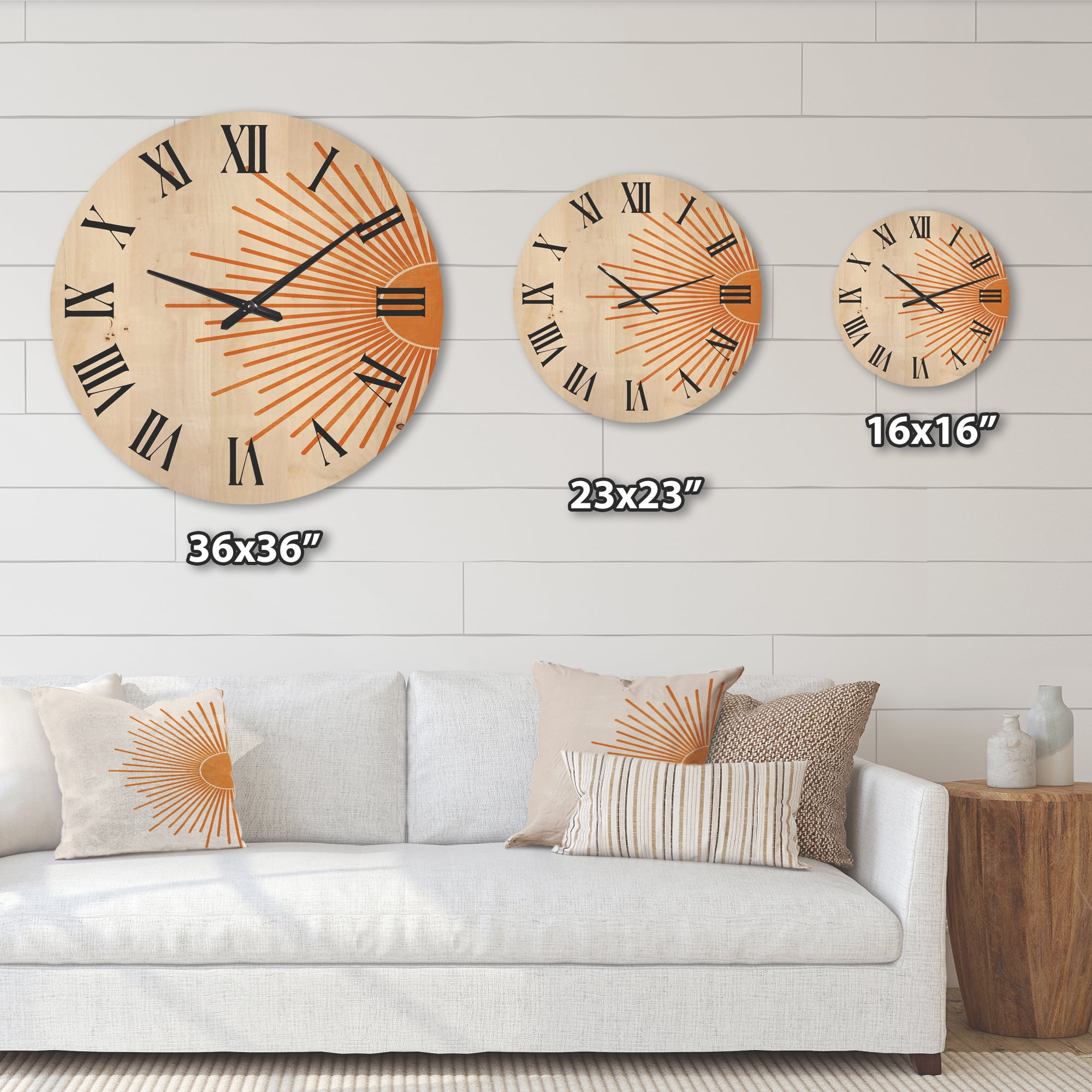 Designart 'Orange Sun Print On Beige I' Modern Wood Wall Clock