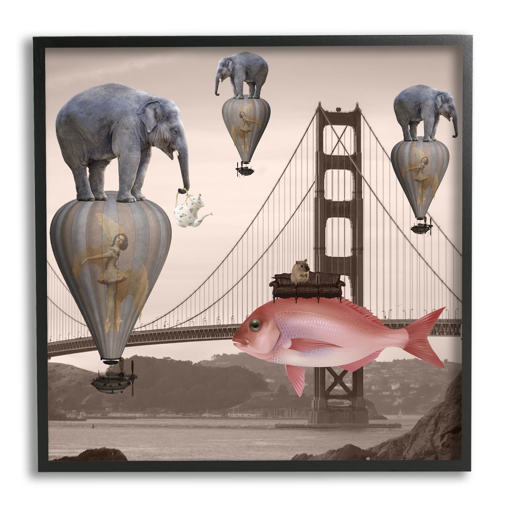 Stupell Industries Surreal Elephant Fish Balloons Golden Gate Bridge Water Framed Wall Art, 12 x 12, Design by Daniela Nocito