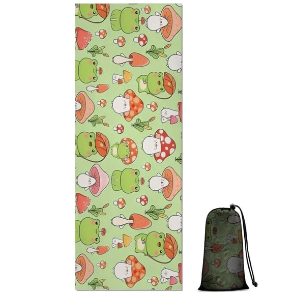 Red Mushroom Frog Green Pattern Hot Yoga Mat Towel Non Slip for Hot Yoga - Quick-Drying Yoga Mat Cover with 4 Corner Pockets with Travel Bag - Hot Yoga Towel Non Slip 70"x26"