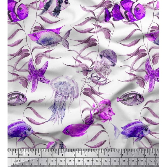 Soimoi Cotton Duck Fabric Leaves,Starfish & Jellyfish Ocean Print Fabric by The Yard 42 Inch Wide