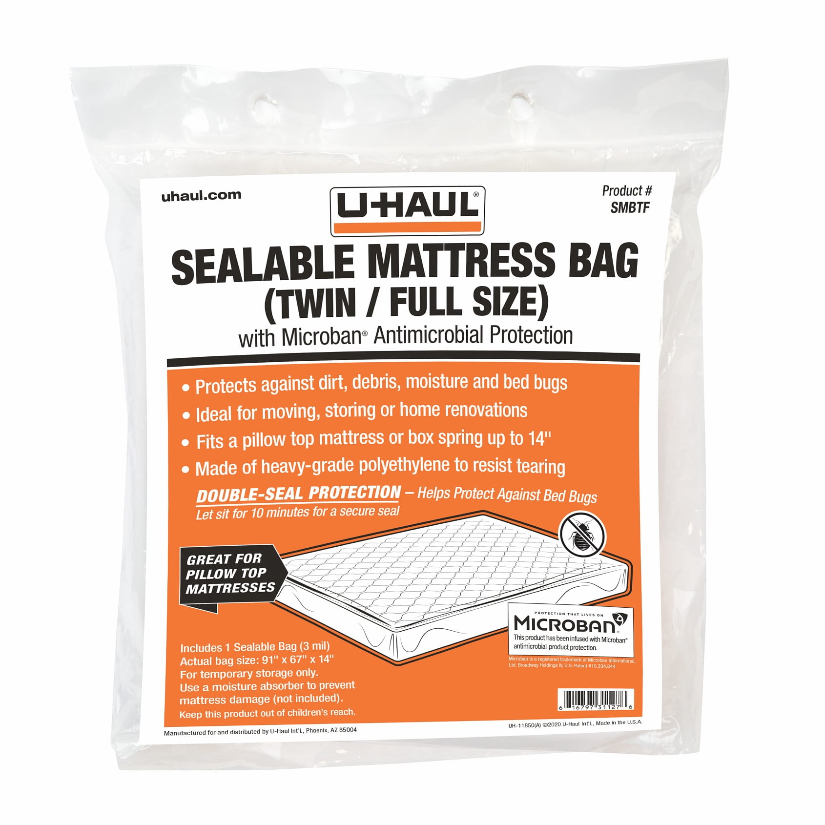 U-Haul Sealable Mattress Bag for Twin or Full Size - Moving and Storage Protection for Mattress or Box Spring - 3 Mil - 100” x 91” x 14”