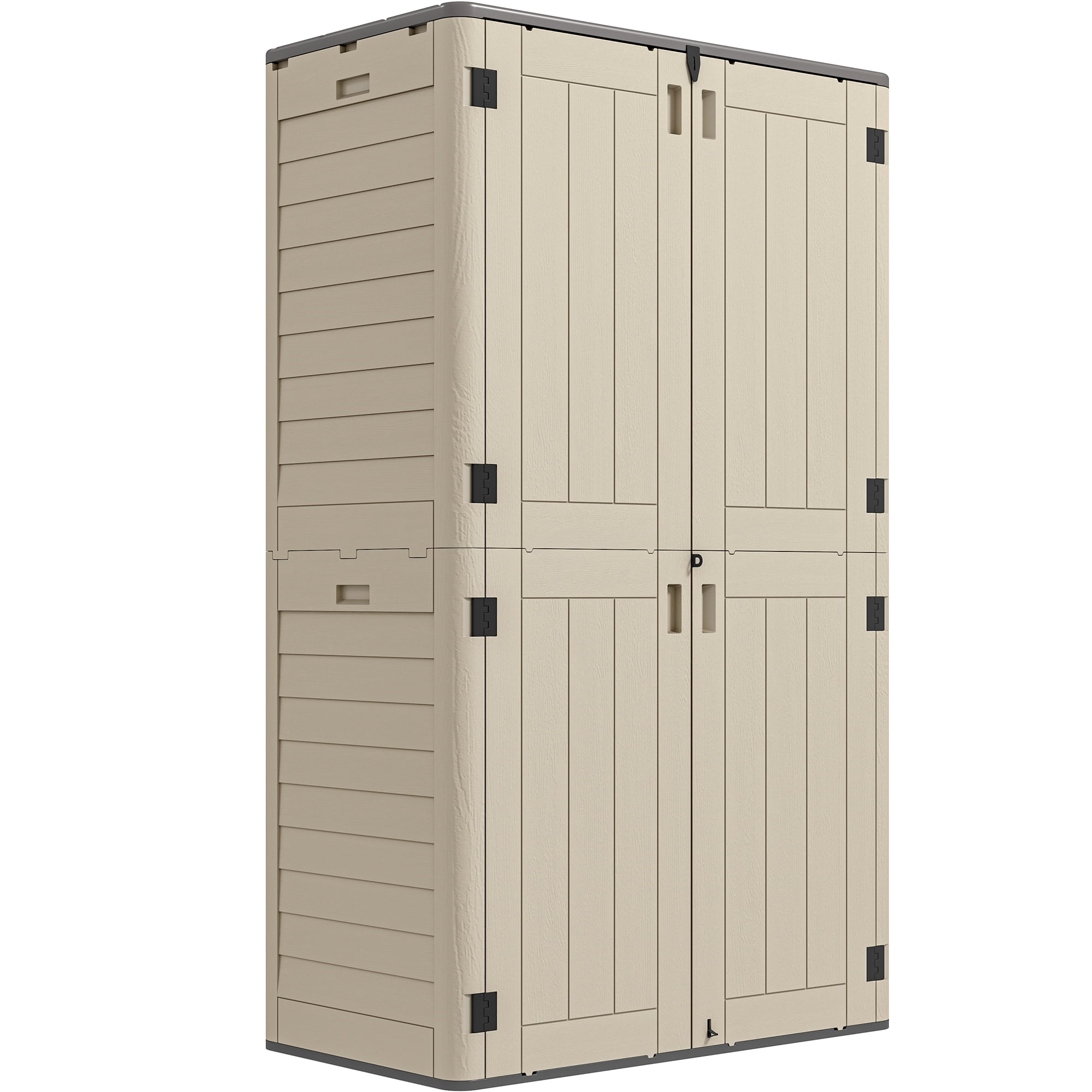 Dextrus Vertical Resin Outdoor Storage, 50 cubic feet without Shelving for Garden Garage Poolside, Locking Capability, Khaki