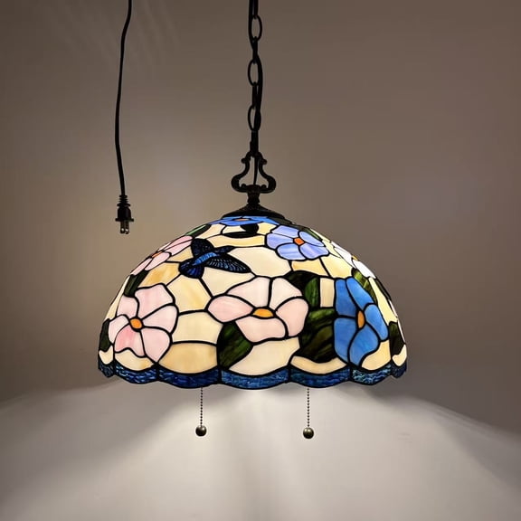 Tiffany Pendant Lights Plug In Pink Blue Stained Glass Hummingbird Flowers LED Bulb 16"W*16"D*75"H