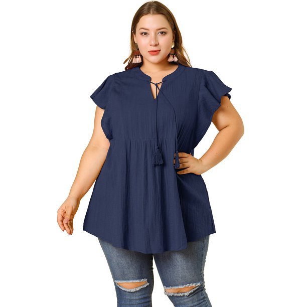 BluTúniManDe Aleteo Cuello V Dividido Verano Fluido Cordón TalGrande PaMujer Azul Marino 3XL