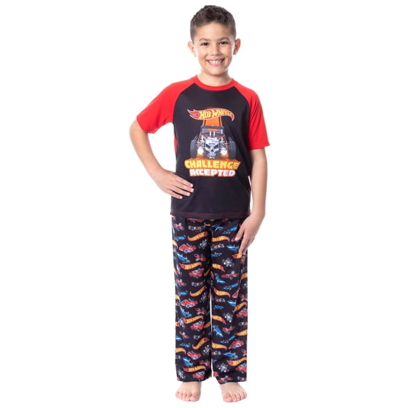 Hot Wheels Cars Boys' Challenge Accepted Raglan Short Sleeve Shirt Pajama Pant Sleep 2 Piece Lounge Set