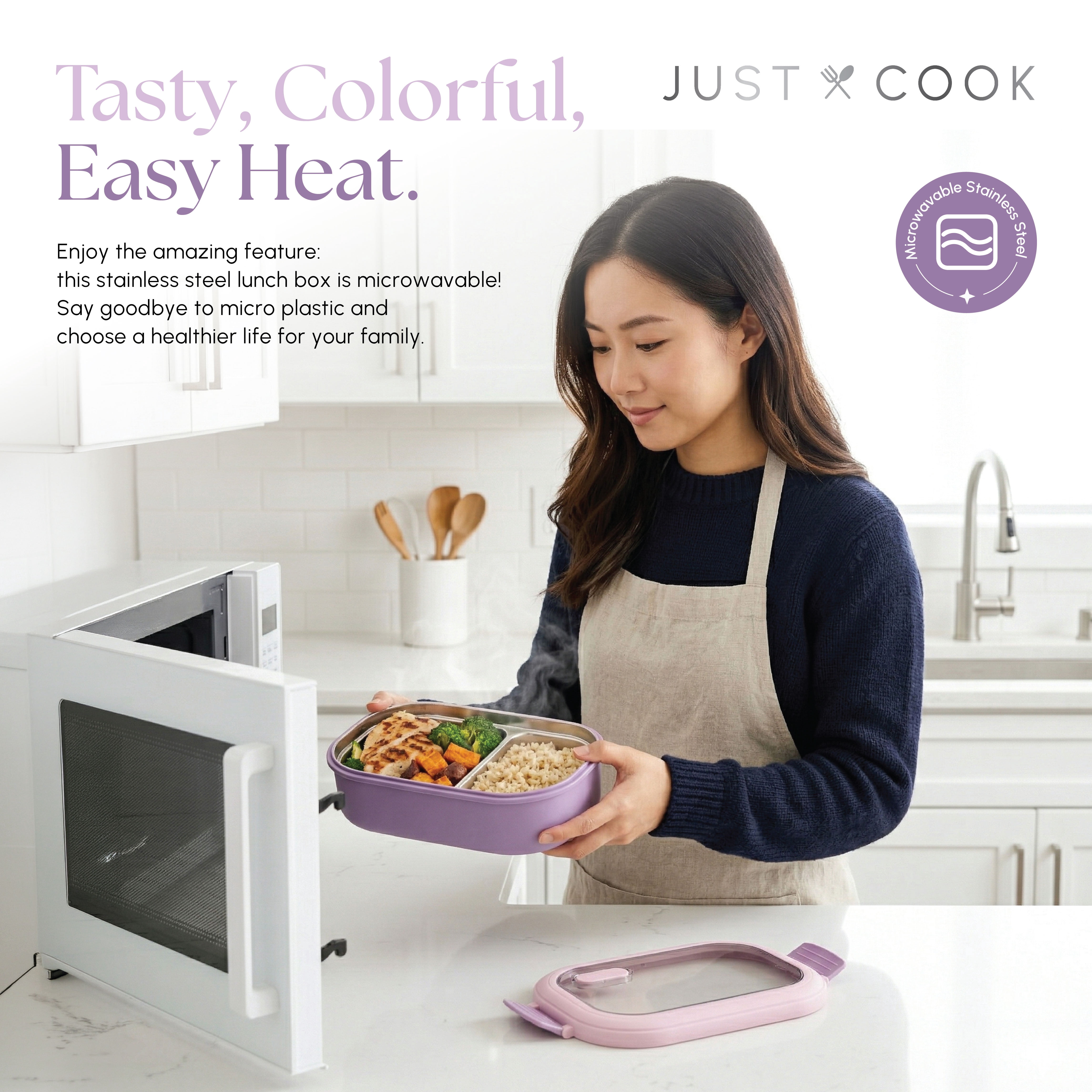 Just Cook Purple 1000 ml 2 Section Microwave Safe Stainless Steel Bento Box