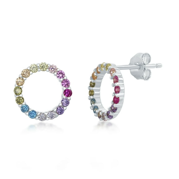 Sterling Silver, Rose Gold Plated, or Gold Plated Rainbow CZ Open Circle Stud Earrings