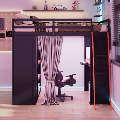 Full Size Wood Loft Bed with Workstation, Wardrobe & RGB Lights, All-in-One Space Saving Bed with Desk, Shelves & Blackout Curtains, Black Red