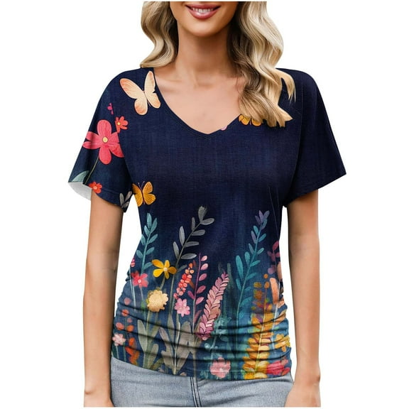 yoeyez Womens Summer Shirts Short Sleeves Fashion T-Shirt V Neck Casual Floral Print Tops Pleated Loose Fit Pullover Tee Multicolor 2XL