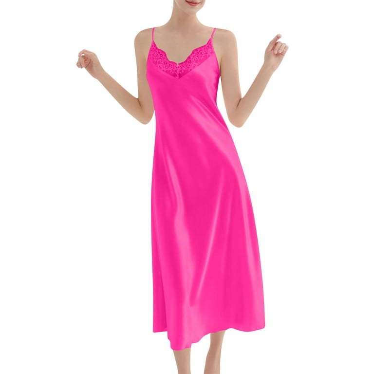 soft lounge long slip dress hot pink TARIENDY Nightgowns for Women Spaghetti Straps Sleepdress Embroidered Sleeveless V Neck Summer Nightwear L photo date