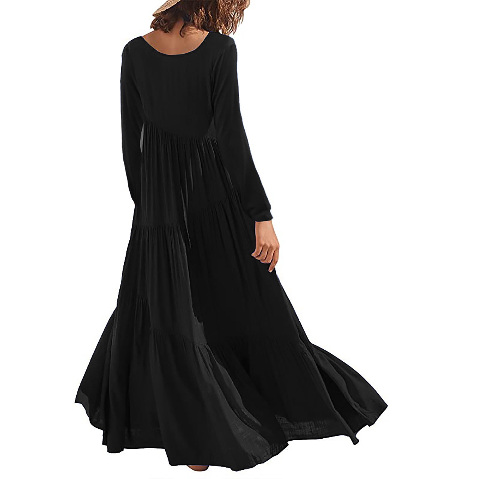 Women's Short/Long Sleeve Loose Plain Maxi Dresses Crewneck Casual Tiered Flowy Pleated Swing Beach Long Dresses