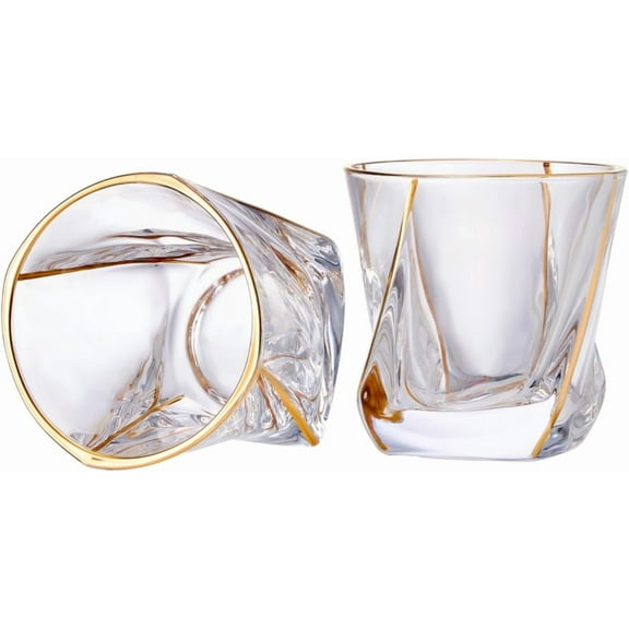 GLASKEY Crystal Whiskey Glasses Set of 2 with 24K Gold Rim,Bar Glasses,Twisted Whiskey Glass Gold Collection for Bourbon,Scotch and Wine,Rock Barware for Men Gift-8oz