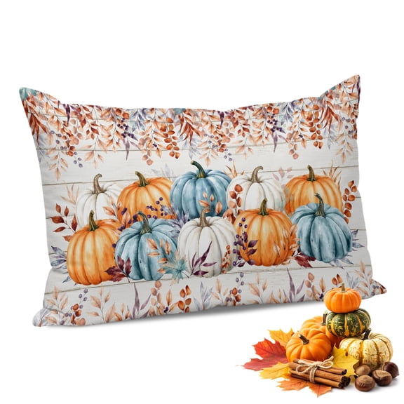 Teal Pumpkins Fall Throw Pillow Covers, Weeping Leaves Thanksgiving Wooden Soft Breathable Pillow Cases with Invisible Zipper for Sleeping, Small Pillowcases for Couch Bed Sofa Chair 16x24 Inches