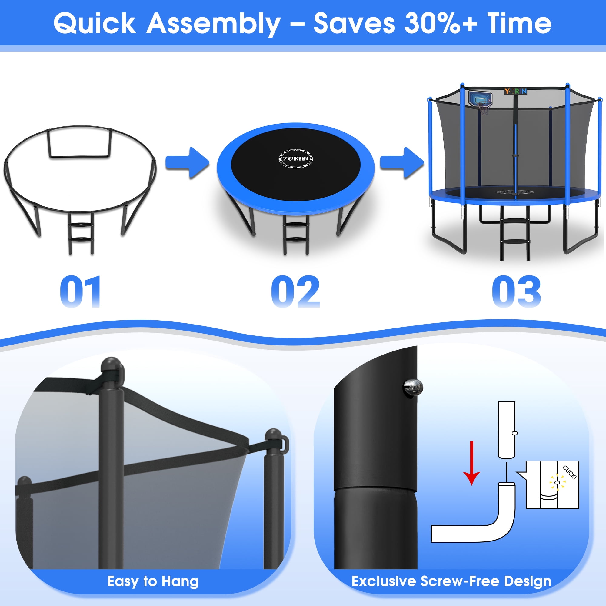 YORIN Trampoline, 10FT Trampoline for 3-4 Kids Adults with Enclosure Net, 1000LBS Outdoor Trampoline with Basketball Hoop, Ladder, Galvanized Anti-Rust Coating Heavy Duty Round Trampoline