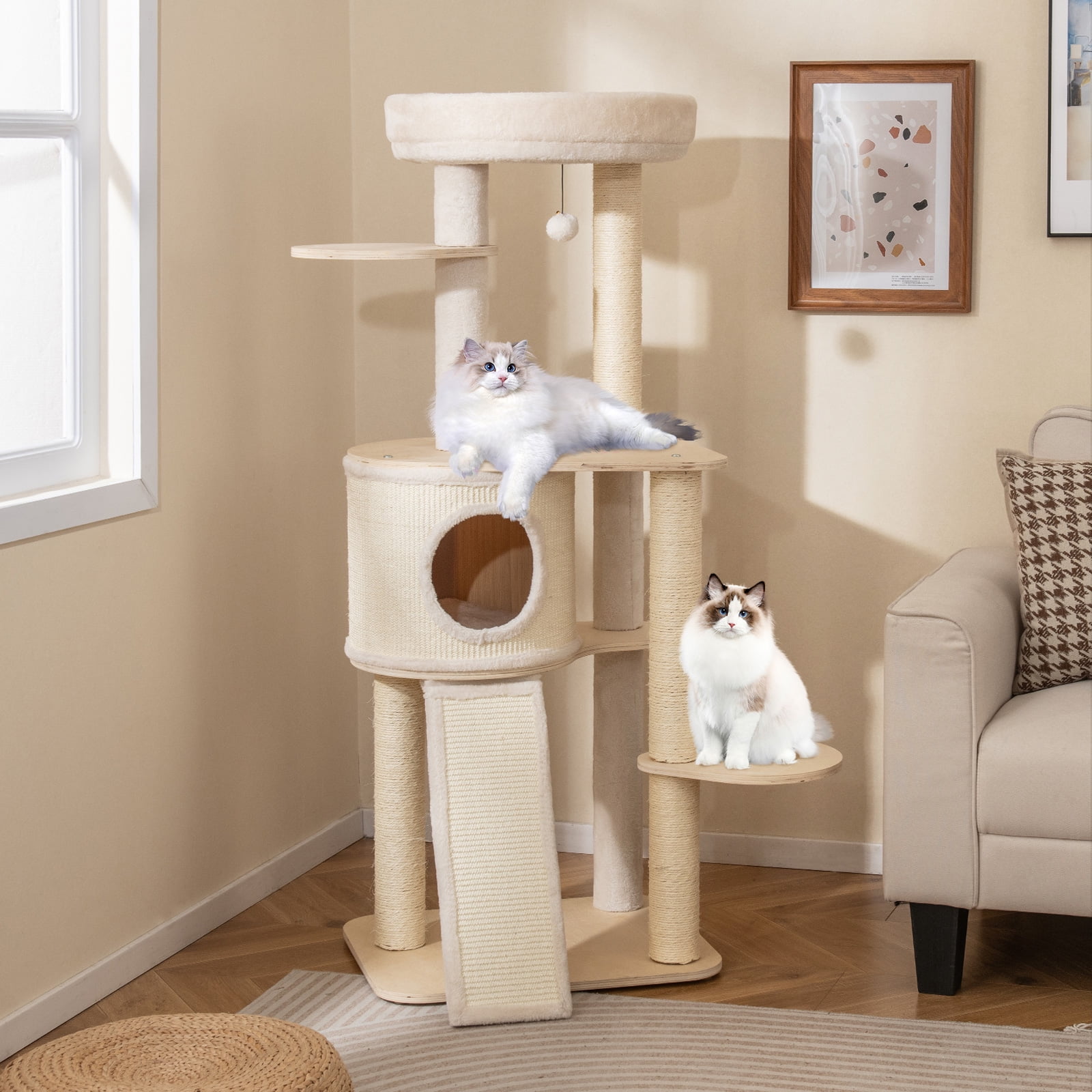 Gymax 56'' Tall Cat Tree Wooden Kitten Tower w/Sisal Scratching Posts & Mat & Ladder