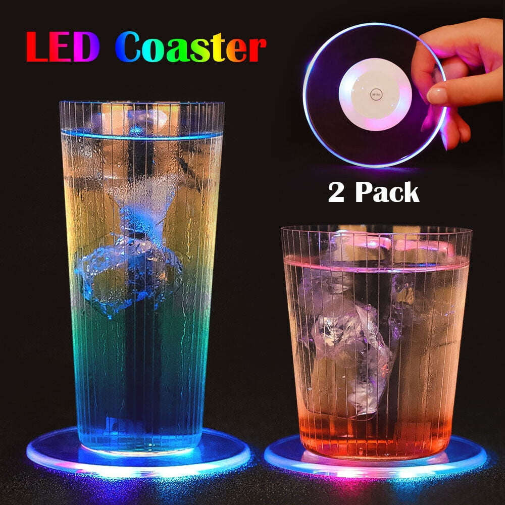 2-Pack LED Coaster Colorful Flash Light Up Cup Drink Mat Tableware for Party Bar 