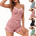 thumbnail image 2 of Bosfbaoi Two Piece Pajama Sets for Women Lace Trim Ribbed Camisole Top and Elastic Waist Ruffle Hem Shorts Sleepwear Loungewear, 2 of 6