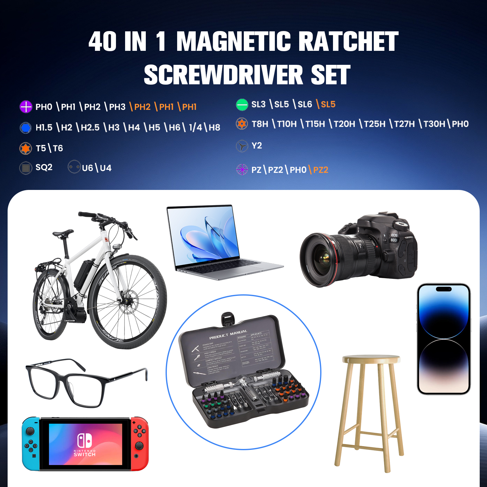 HUANCTOMA 40 In 1 Magnetic Screwdriver Set,Detachable T Handle Ratchet Screwdriver Set for DIY, Electronics,Car,Bicycle,Furniture