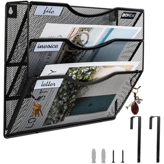 Wall File Organizer, 3 Tire Hanging File Folder Mail Organizer, Vertical Mesh Metal Door/Wall Mount Hanging File Holder, Paper Document Magazine Rack with Hooks for Home Office Black