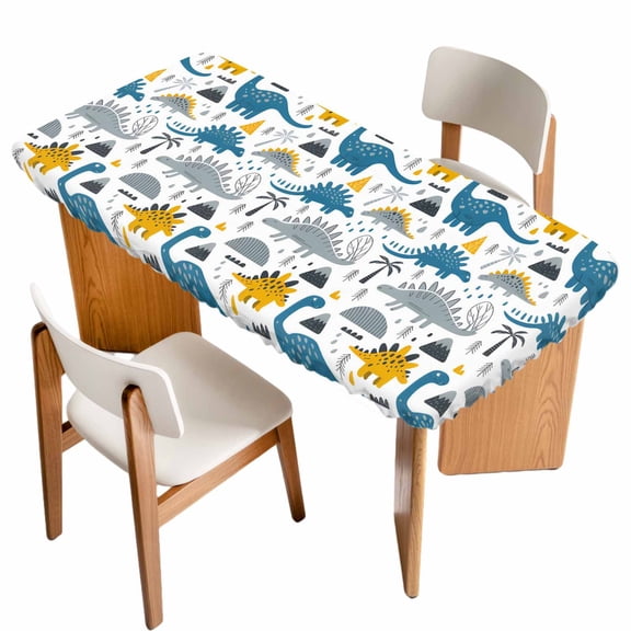 Cartoons Dinosaurs Table Cloths for 3 Foot Rectangle Tables, Cute Animals Palm Trees Mountains Patio Waterproof Elastic Fitted Tablecloths, Washable Rectangular Table Cover for Camping