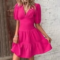 thumbnail image 2 of New Summer Plus Size Dresses for Women 2024 Fashion Solid Color Slim High-waist V-neck Mid-sleeve Dress Short Sleeve V-neck Knee-length Dress, 2 of 8