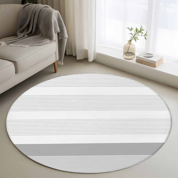 Grey Stripe Round Area Rug 4 FT, Non Slip Indoor Outdoor Rug, Modern Abstract Monochrome Geometric Washable Soft Circular Carpet Non-Shedding Floor Mat for Coffee Table Nursery Foyer Balcony