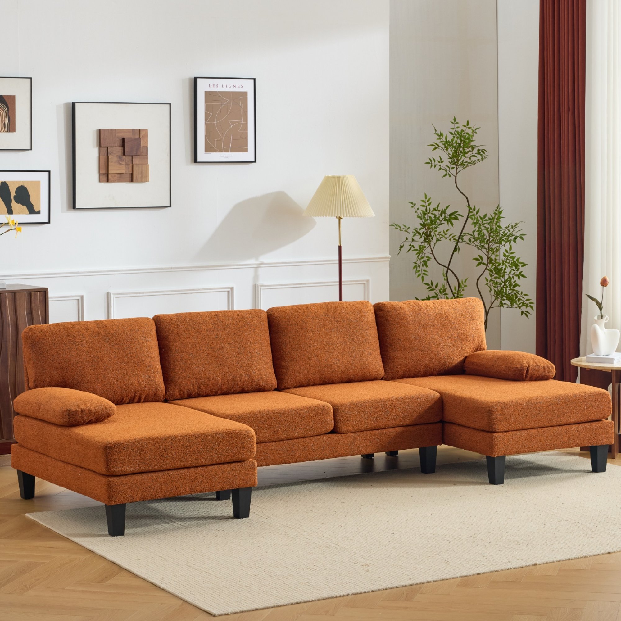 Ktaxon U-Shaped Sectional Sofa Set with Chaise, 4-Seater Blended Chenille Couch for Living Room, Apartment, Easy Assembly Orange