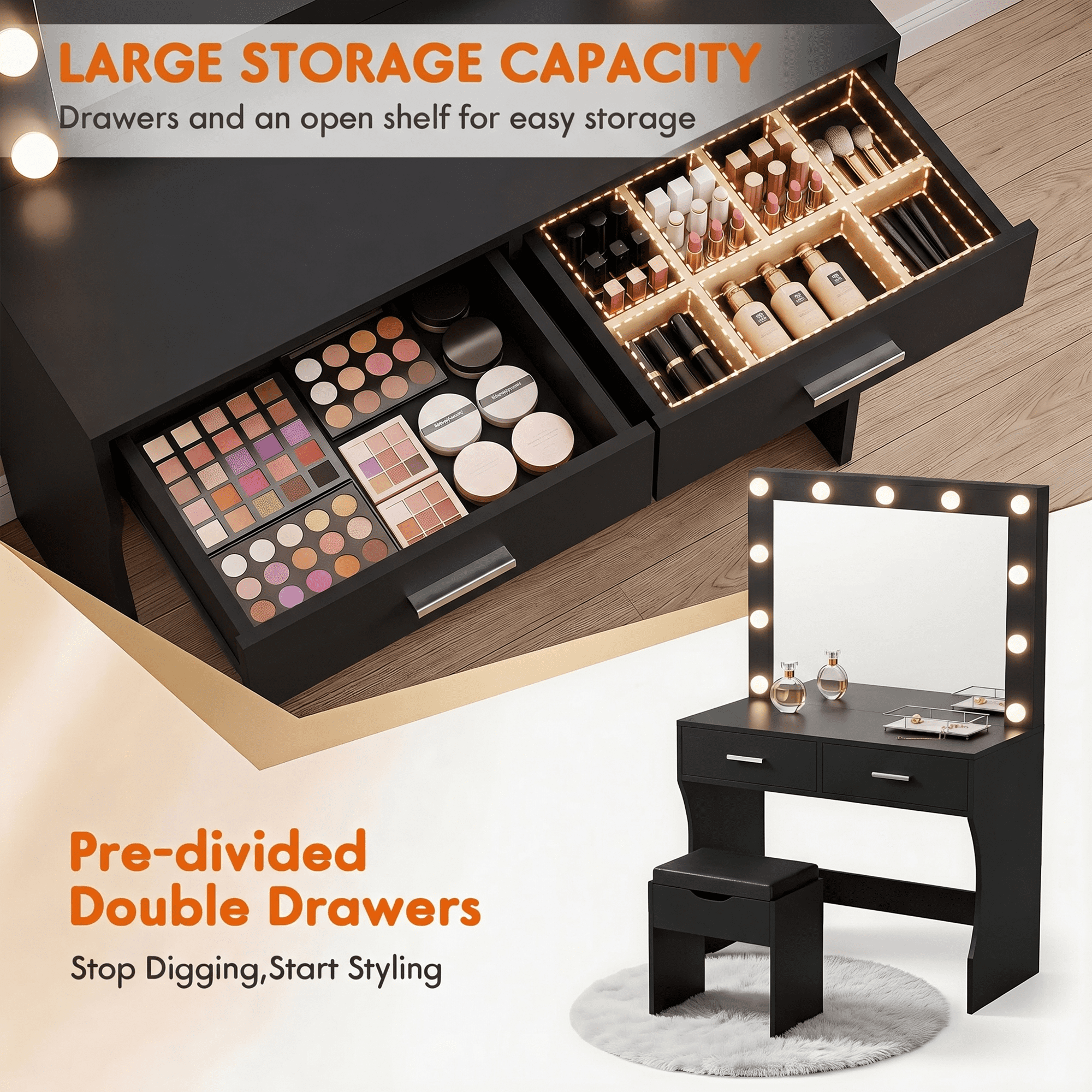 Furmax Makeup Vanity Table Set with Lights and Mirror Vanity Desk with Drawer and Chair, Black