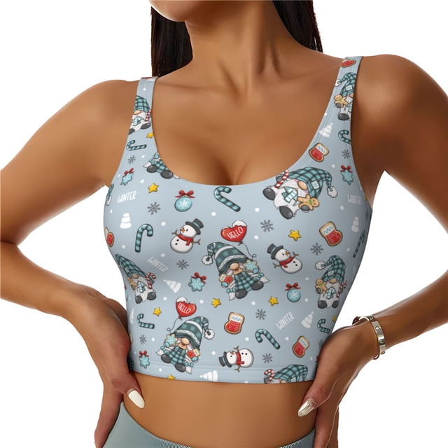 Balery Winter Gnome And Snowman Sujetadores deportivos con espalda cruzada para mujer, acolchados, sin costuras, de alto impacto, ideales para yoga, gimnasio, entrenamiento y fitness.-
