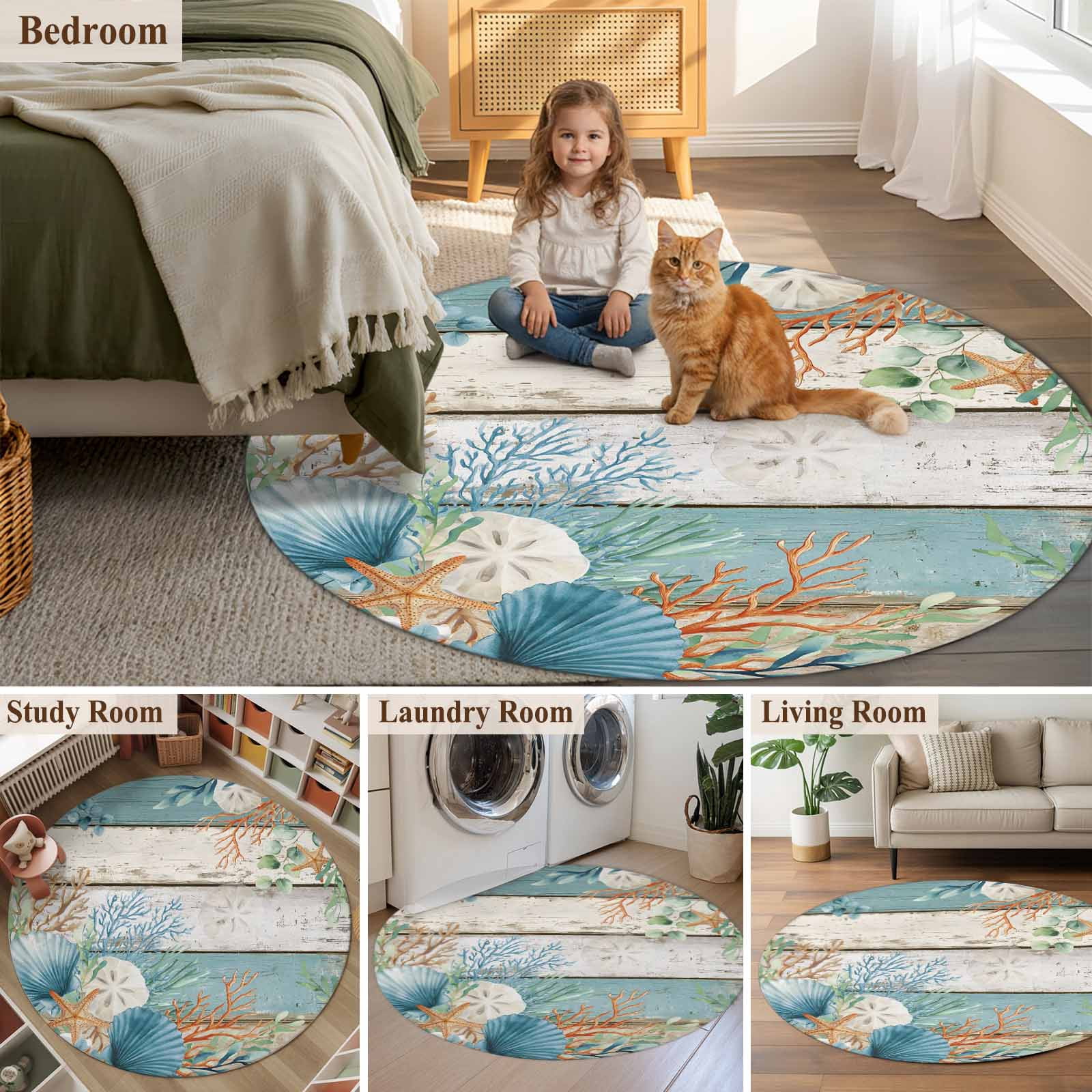 Round Area Rugs Collection 6 Ft, Teal Brown Beach Coastal Non-Slip Residential Carpet, Summer Nautical Coral Shell Botanical Vintage Indoor Crawling Mats Runner Rugs for Living Room/Bedroom