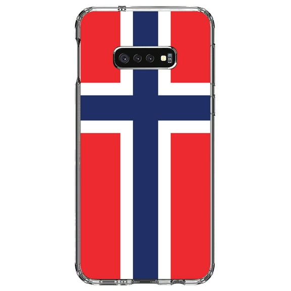 DistinctInk Clear Shockproof Hybrid Case for Samsung Galaxy S10e (5.8" Screen) - TPU Bumper, Acrylic Back, Tempered Glass Screen Protector - Norway Flag Red White Blue - Norway