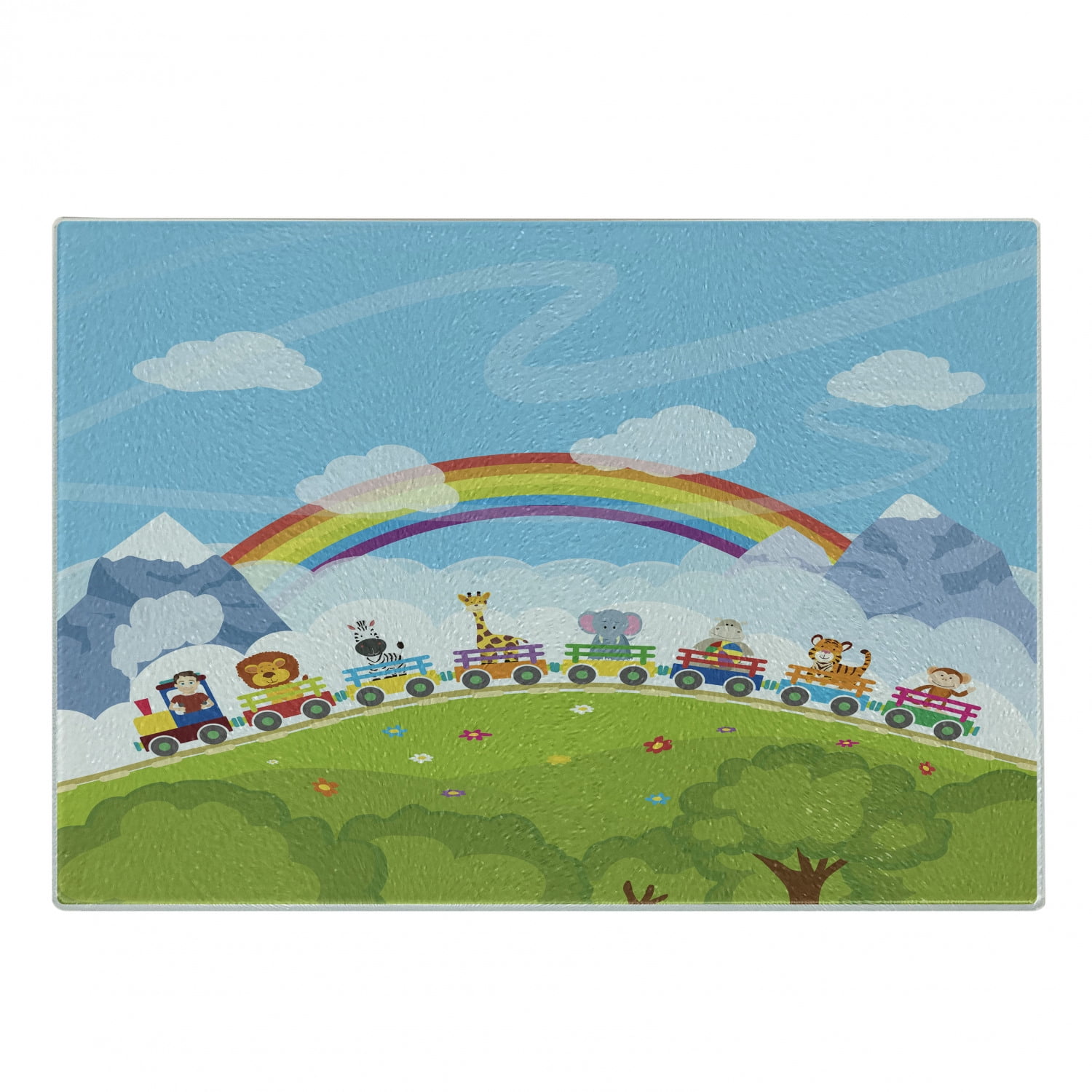 Cartoon Cutting Board, Railway Train with Various Animals and a Rainbow  Mountains Clouds Trees, Decorative Tempered Glass Cutting and Serving  Board, Large Size, Multicolor, by Ambesonne 