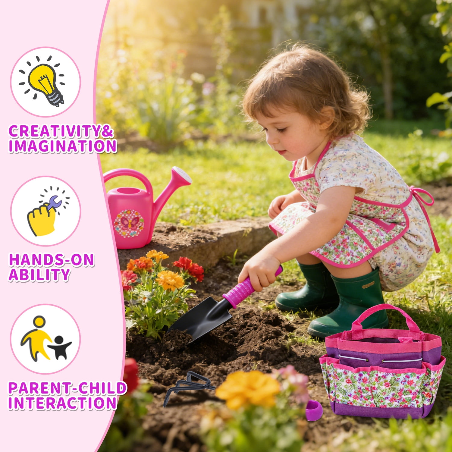 JoyStone 16PCS Kids Gardening Tool Set with Floral Apron & Tote Bag, Watering Can, Gloves, Shovel & Rake, Outdoor Yard Gift for Toddlers Ages 3+