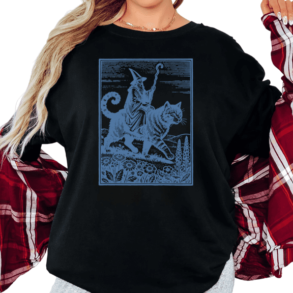 Women's Retro Linocut Wizard Cat Graphic T Shirt Breathable Comfortable Short Sleeve Round Neck Top Black S-5XL
