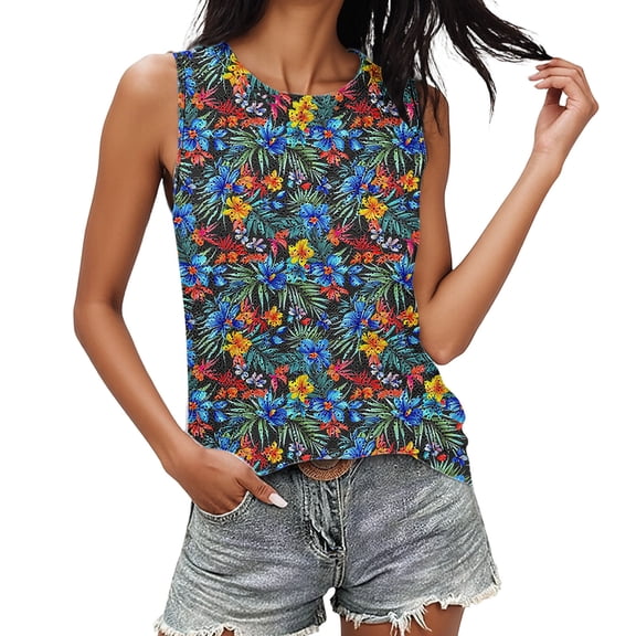 Women's Leaf Print Sleeveless Tank Top Casual Crew Neck Beach Cover Up Top