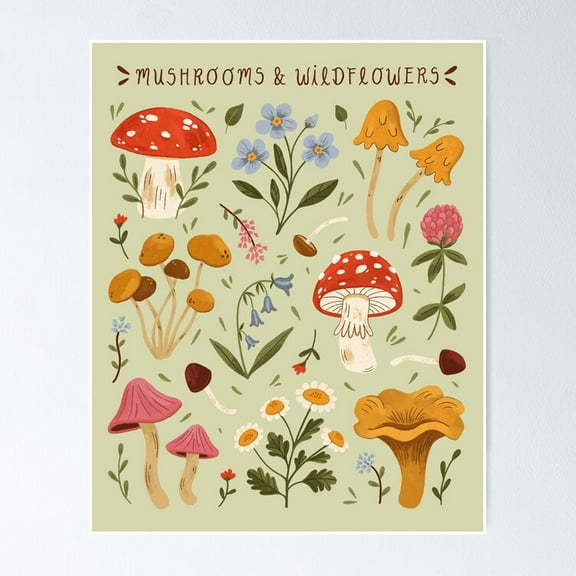 Mushrooms And Wildflowers Poster, UNFRAMED-8x12