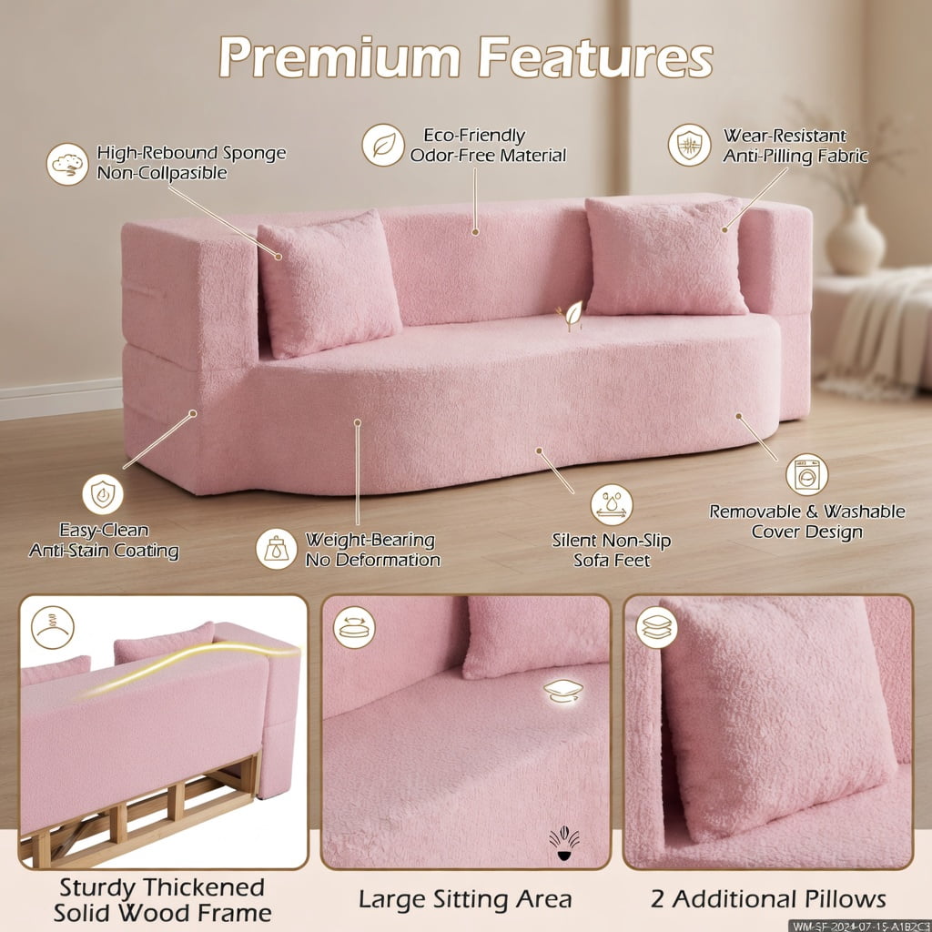 Hommoo 75.5" 2-in-1 Folding Sofa Bed, Plush Teddy Fleece Convertible Loveseat with Removable Washable Covers & 2 Ergonomic Pillows, Pink