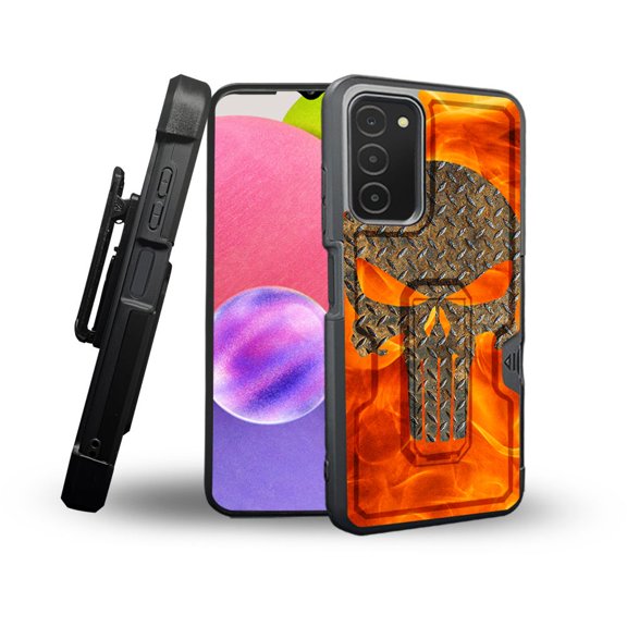 ANJ  Rugged Shockproof Holster Case Card Slot Kickstand   Tempered Glass Cover for Samsung Galaxy A03s - Steel Plate Skullcap