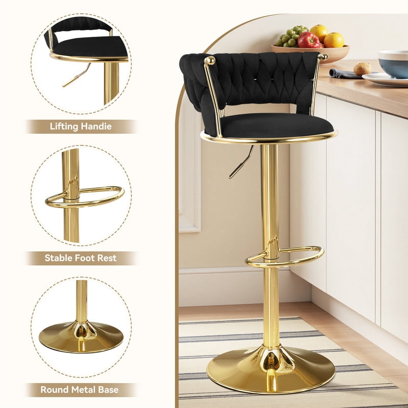 Hawsaiy Modern Velvet Bar Stools Set of 2, Adjustable Height Woven Back Bar Chairs with Footrest and Swivel for Kitchen Island & Dining Room, Black