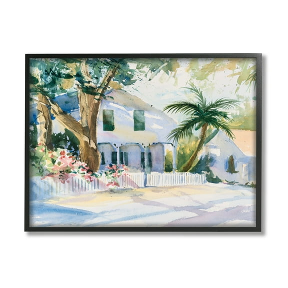 Stupell Industries Seaside Neighborhood Palm Trees Coastal Painting Black Framed Art Print Wall Art