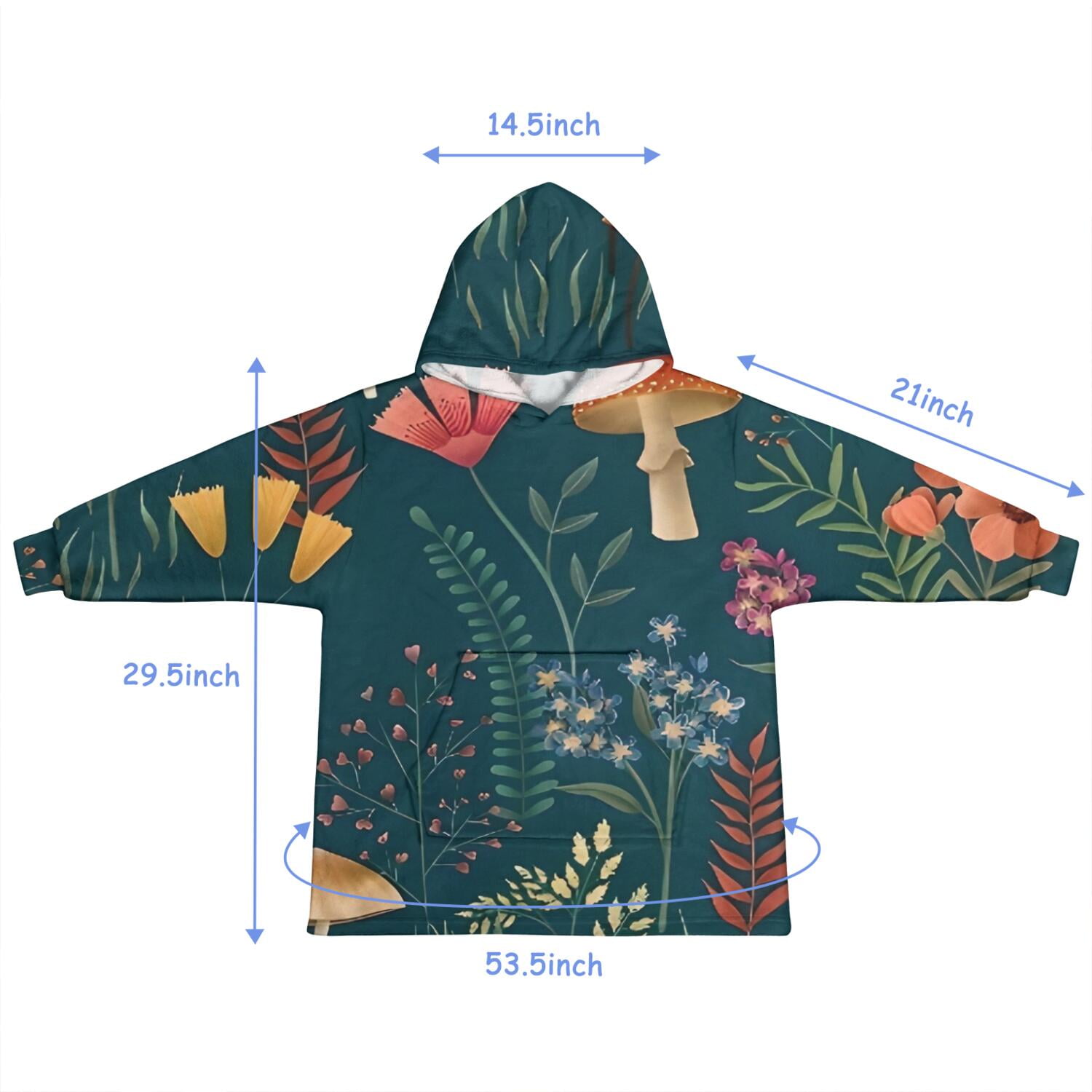 Colorful Mushroom Flower Dark Green Pattern Blanket Hoodies for Kids 6-13YR Oversize Wearable Blanket Hoodies for Boys Girls Teens