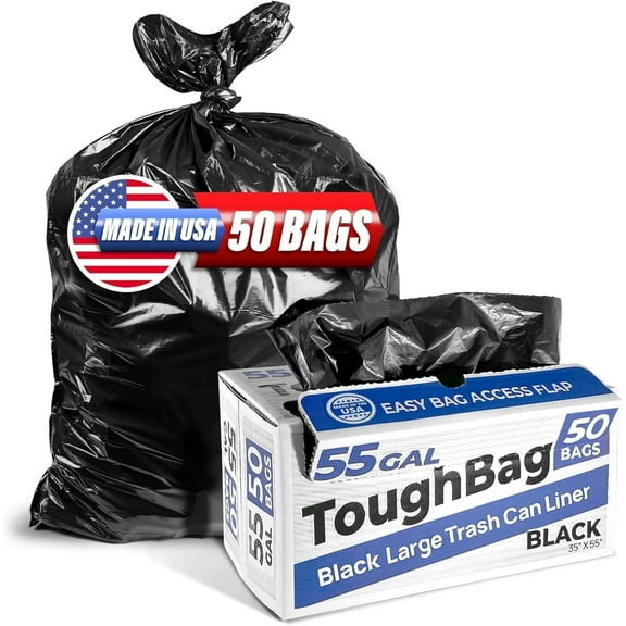 55 Gallon Trash Bags, 55-60 Bags Heavy Duty (50 COUNT) - Large Black Can Liners, 50-60 Gal for Contractors, Commercial, and Lawn Made in USA