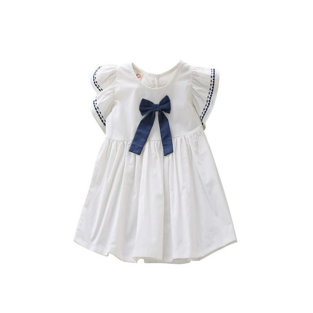 Luxsea Summer Casual Fashion Baby Girl Short Sleeve Bow-knot Princess Dress Kids Clothing Toddler Little Girls Clothing Cute Ruffle Sleeve Solid Dress Knee-Length Skirt Outfits