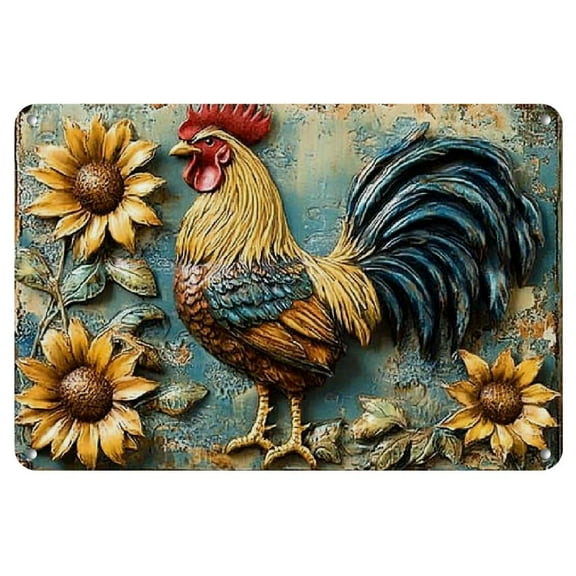 Vintage Rooster & Sunflowers Metal Sign - 8x12 Inch Iron Wall Art for Home, Garage, Cafe, Bar Decor - Easy Hang