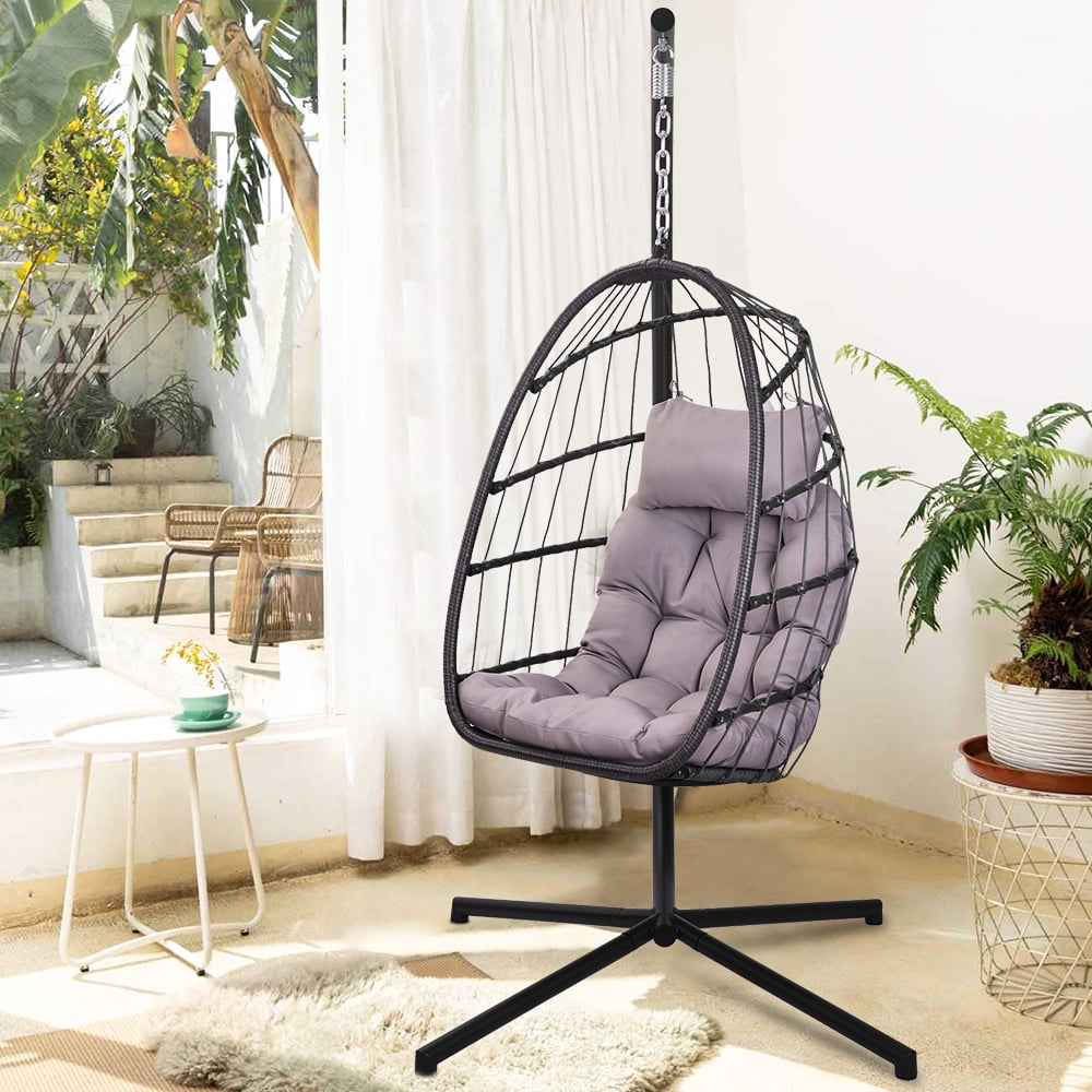 Cushioned Rattan Wicker Hanging Chair with Stand 