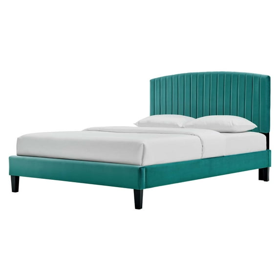 Platform Bed Frame, King Size, Teal Blue, Velvet, Modern Contemporary, Bedroom Master Guest Suite Room
