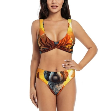 Zeuib Cartoon Puppy Sunset High Waisted Tummy Control Bikini Set - Knot Front Push Up Top & Cheeky Thong Bottom  Two-Piece Swimsuit for Women-Small