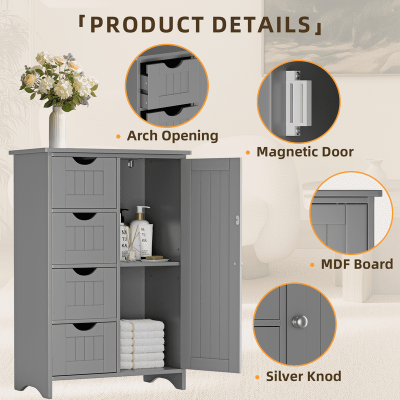 Lacoo Bathroom Storage Cabinet with 4 Drawers, Side Storage Organizer with 1 Cupboard and 2 Shelves Freestanding Cabinet, Gray