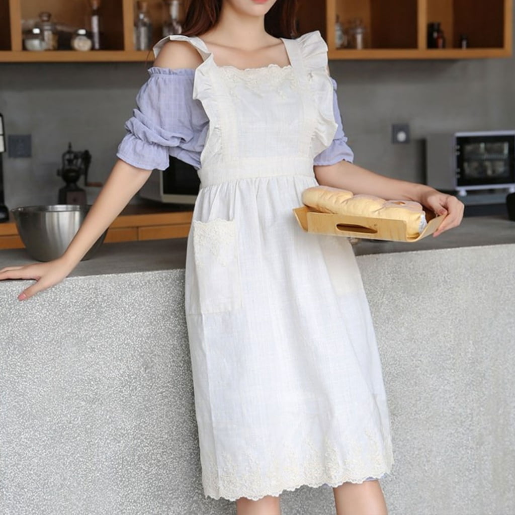 Aellinatey Cotton Linen Lace Trim Ruffled Apron with Pockets for Culinary and Handicraft